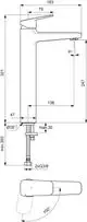 Waschtischarmatur von Ideal Standard, mit einem Bedienhebel und einem modernen Design. Die Armatur zeigt klare Maße und Anschlussinformationen, ideal für Badezimmerinstallationen.